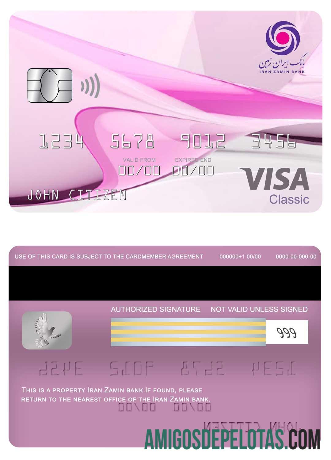 Cartão Visa Classic do Banco Zamin do Irã baixar para verificação